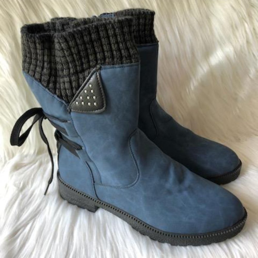 Paotmbu Blue Folded Lace Back Sock Lined Boots